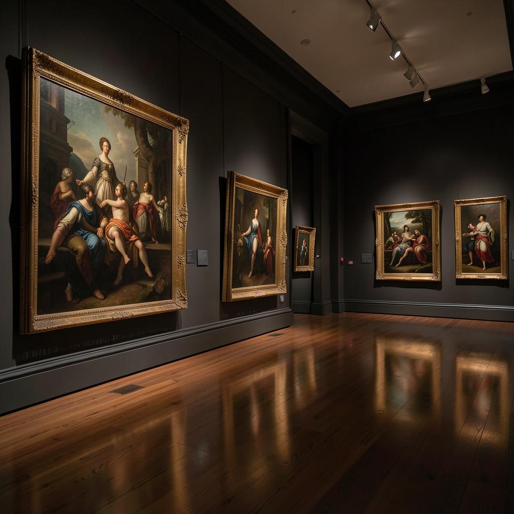 Elegant fine art gallery with classical paintings in gilded frames