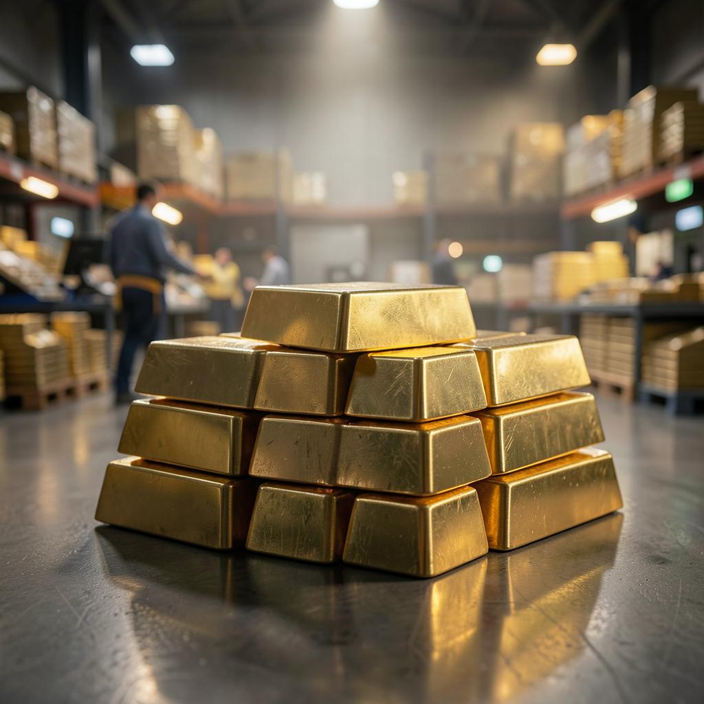 Stacked gold bars in a secure commodity vault