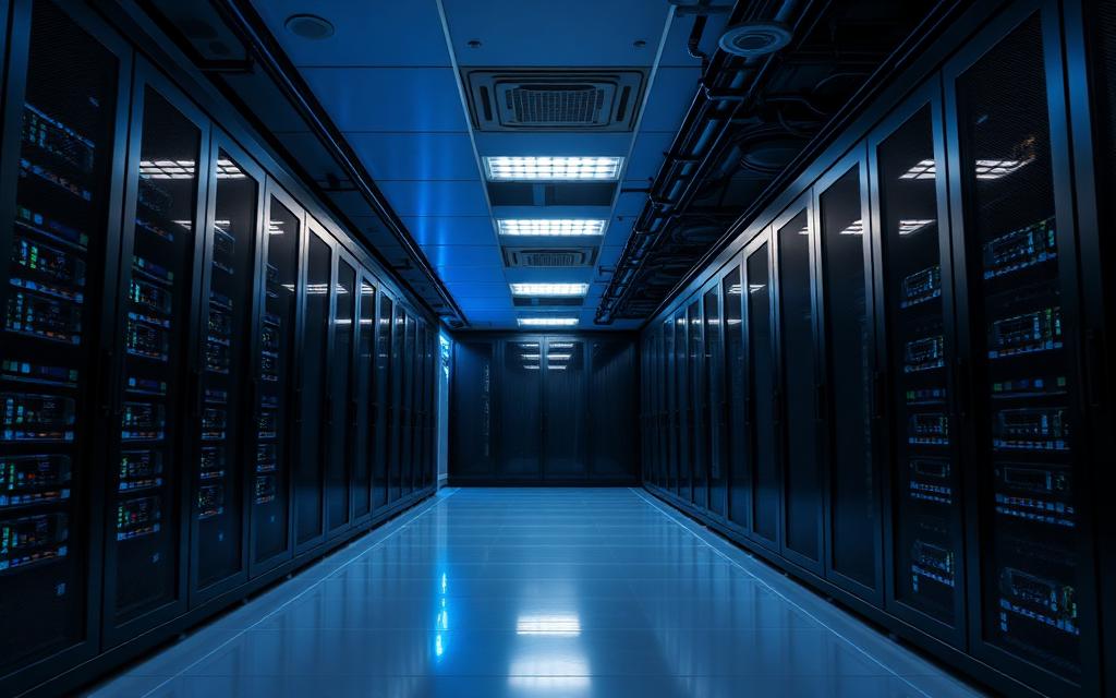Interior of a modern data center with rows of server racks