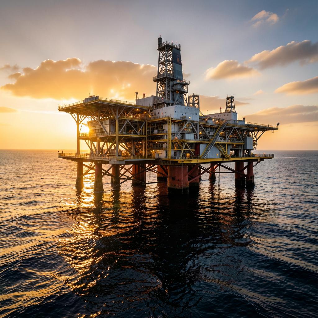 Offshore oil and gas platform at golden hour