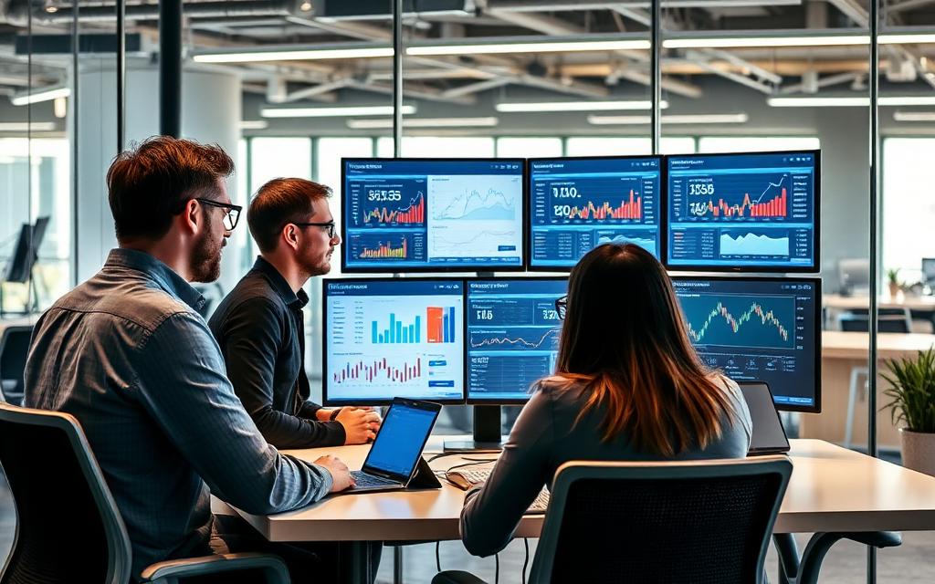 Fintech team reviewing financial dashboards in a modern office