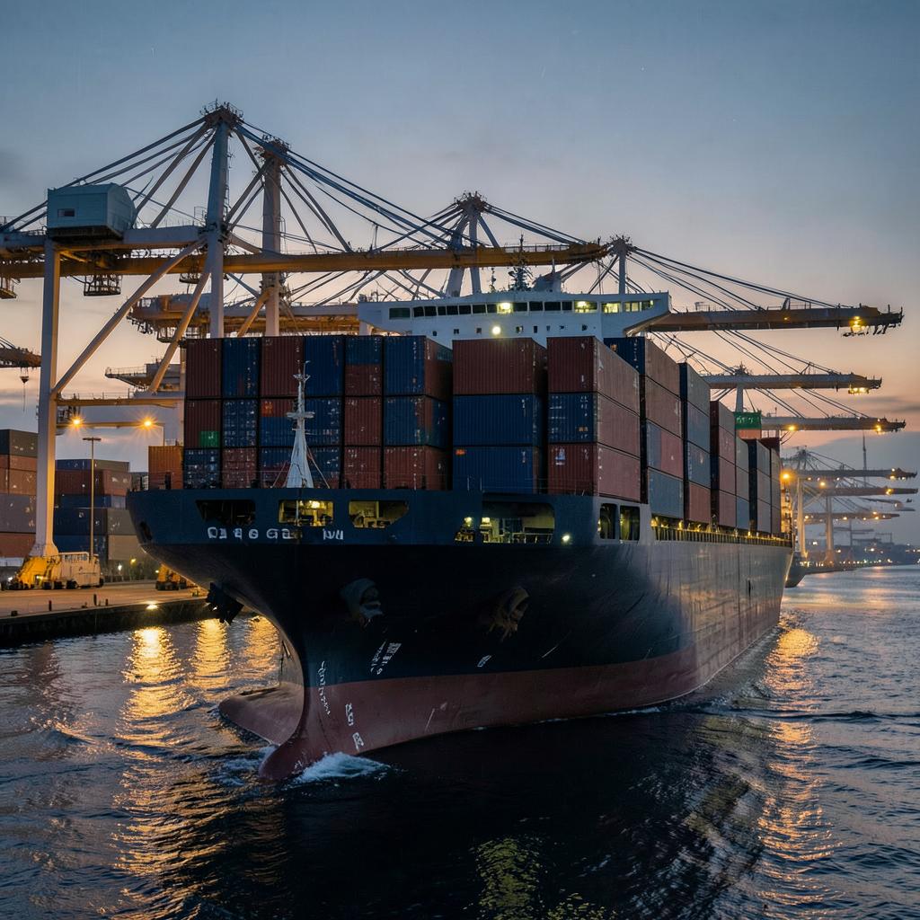 Container ship at an international port at dusk