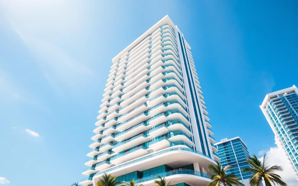 Luxury mixed-use residential tower in Miami under blue sky