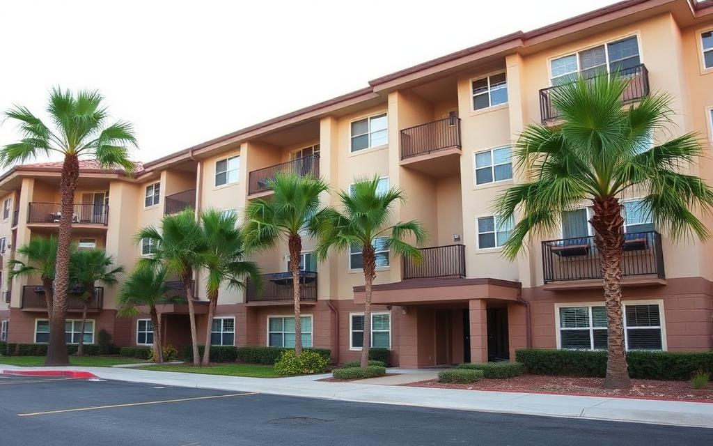 Class A multifamily apartment community with palm trees
