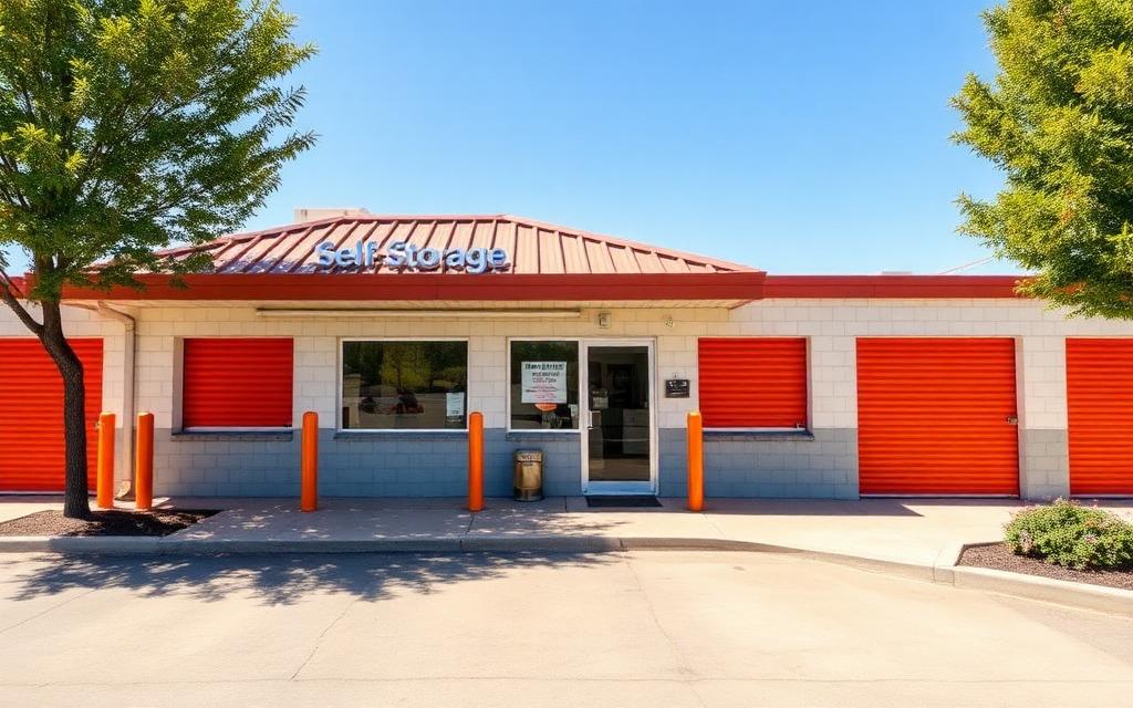 Self storage facility exterior with orange roll-up doors